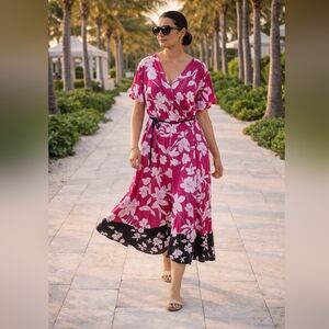 Lane Bryant Pink Floral Faux Wrap Midi Dress | Plus Size 18/20 | Stretch Resort